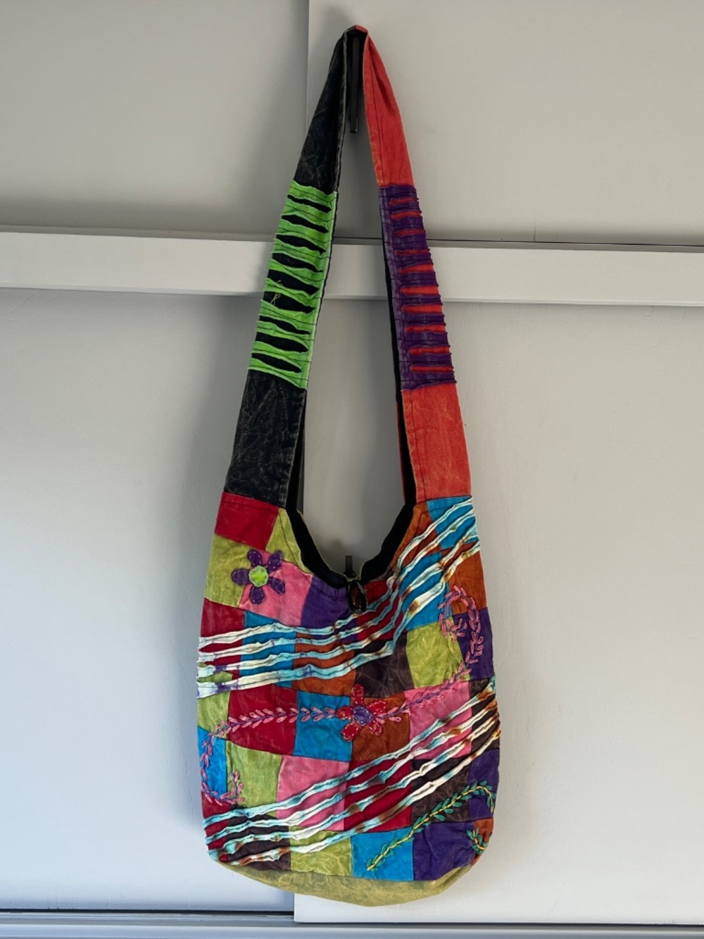 Colorful Bohemian Embroidered Patchwork Slouchy Zip Top Nepal Crossbody Hobo Bag